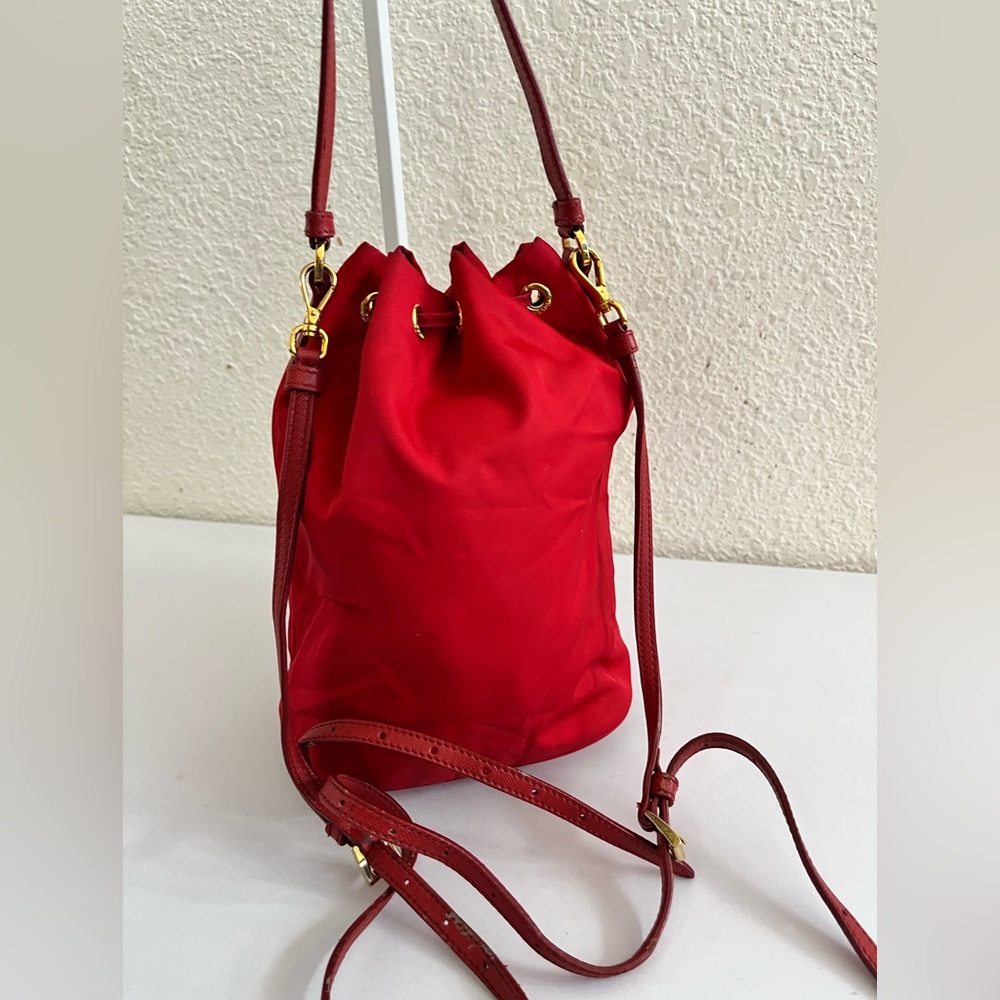 Prada Red Nylon Drawstring Crossbody Bucket Bag with Gold Hardware - Picture 15 of 16